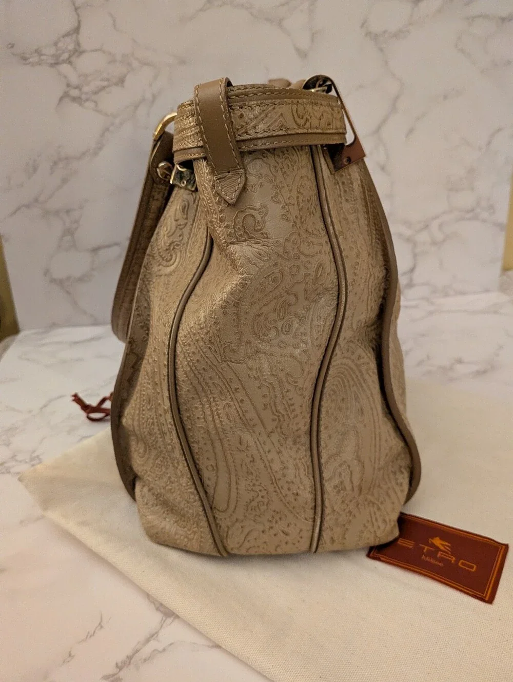 Etro Taupe Paisley-Embossed Leather Shoulder Bag With Dust Bag